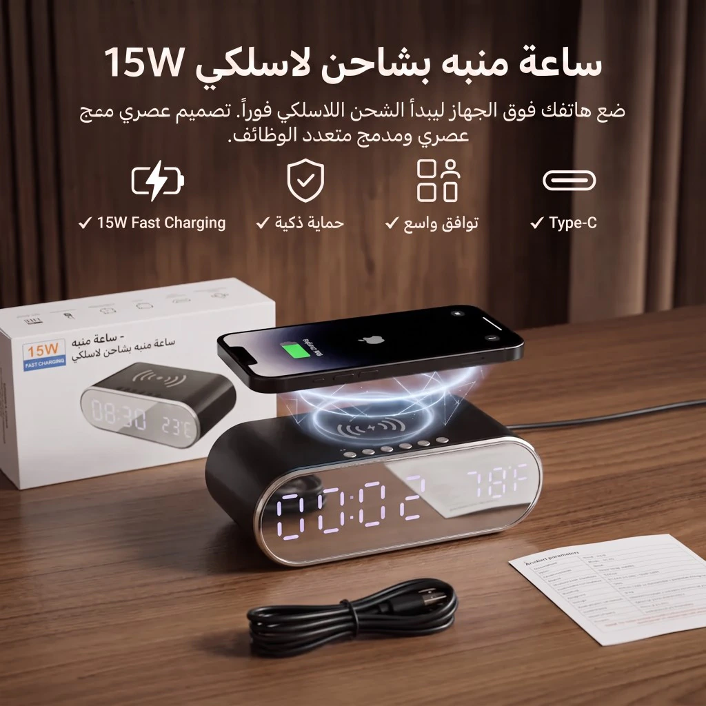 ساعة منبه بشاحن لاسلكي 15W